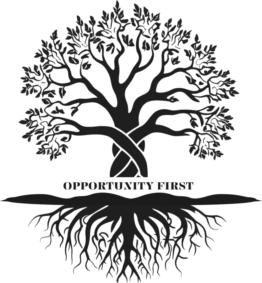 Opportunity First logo: a tree with intertwined trunks and deep roots